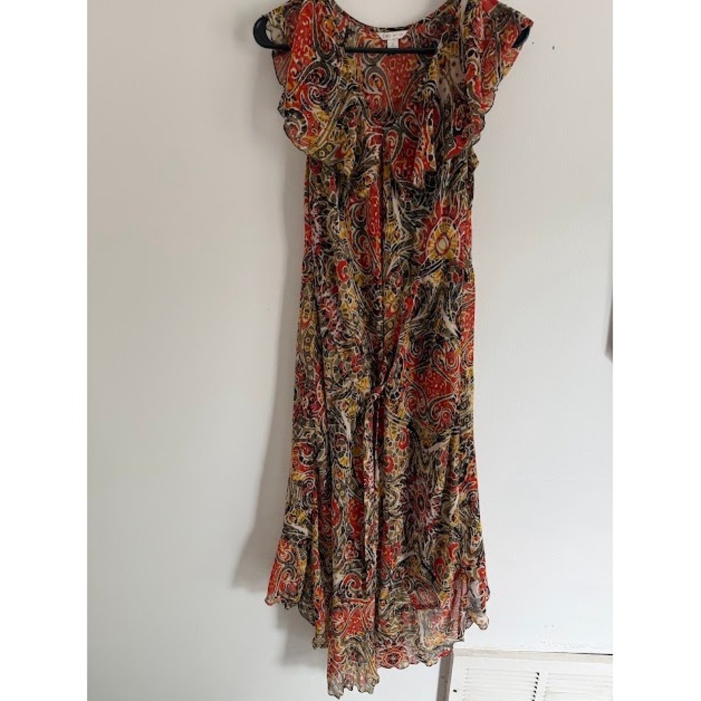 Boho Cato Midi Dress Womens Small Red Paisley Ruffle Flutter Sleeve Asymmetrical